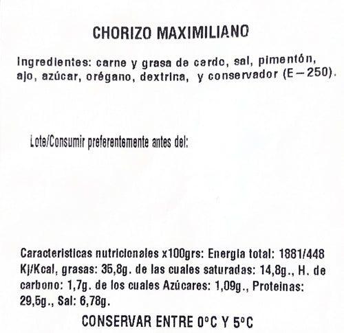 Chorizo Maximiliano 1/2 pieza de 600gr