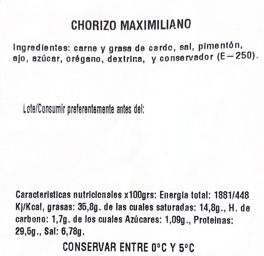 Estuche de Chorizo Maximiliano de 100 gr Loncheado a Máquina 